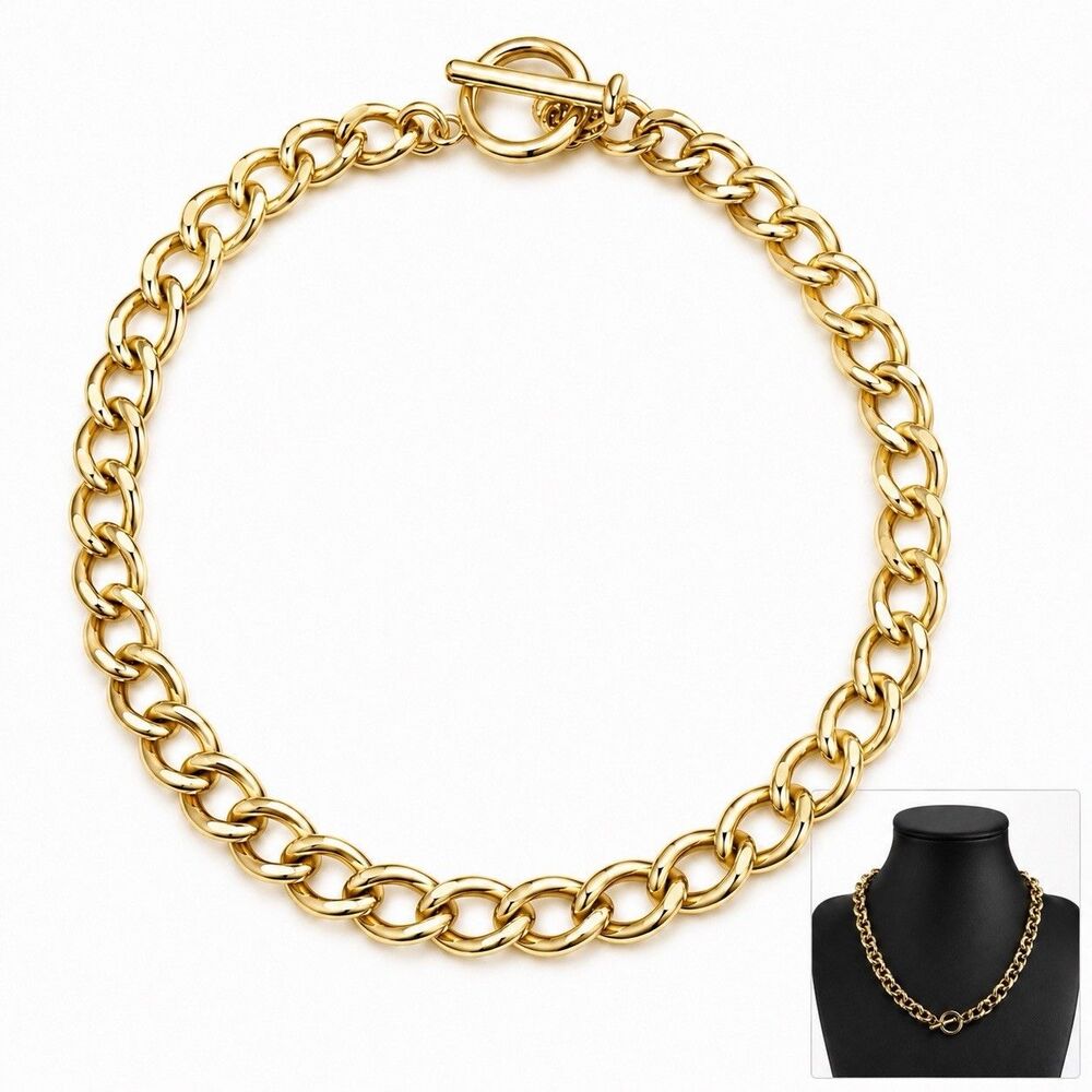 Heavy Gold Tone Chunky Rolo Link Necklace 18” Toggle Clasp Statement Chain